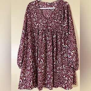 Umgee Long Sleeve Wine Colored Animal Print Babydoll Dress